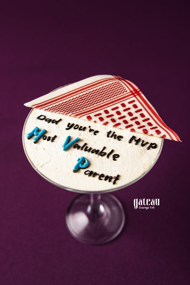 Father's Day goblet cake by Gateau Gourmet Cafe with edible red patterned cloth and message for dad