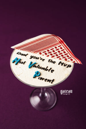 Father's Day goblet cake by Gateau Gourmet Cafe with edible red patterned cloth and message for dad