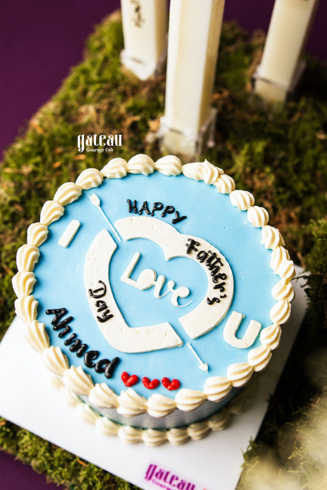 Floral cake arrangement for dad by Gateau Gourmet Cafe with blue frosting and love theme