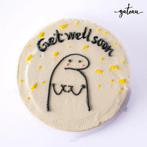 Gateau Gourmet Cafe get well soon cake with cute Flork cake design and yellow accents on white frosting