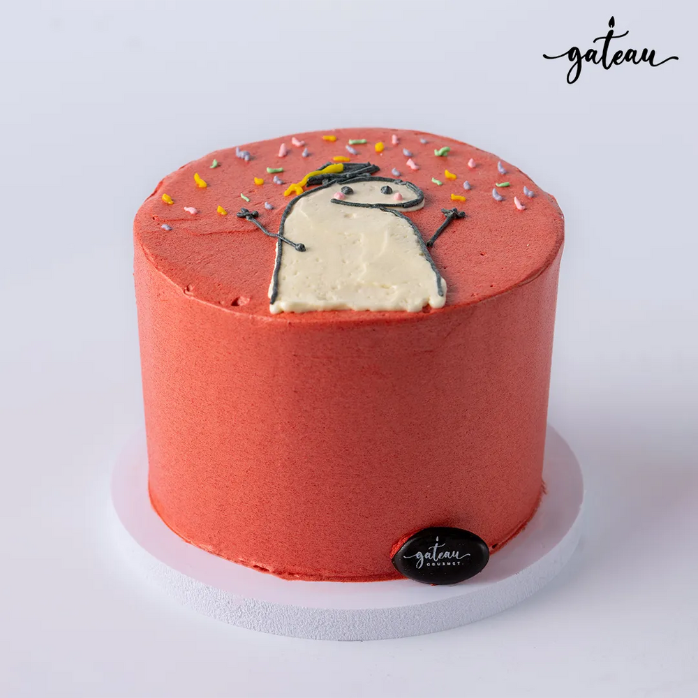 Flork Graduate Cake Design in pink frosting with colorful sprinkles and a cartoon illustration