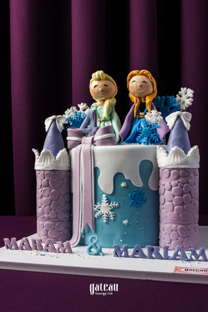 Frozen themed birthday cake by Gateau Gourmet Cafe with castle towers and character toppers