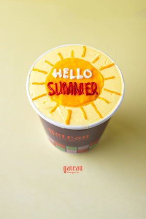 Hello Summer cupcake from Gateau Gourmet Cafe with bright yellow fruit decorated cupcakes for parties