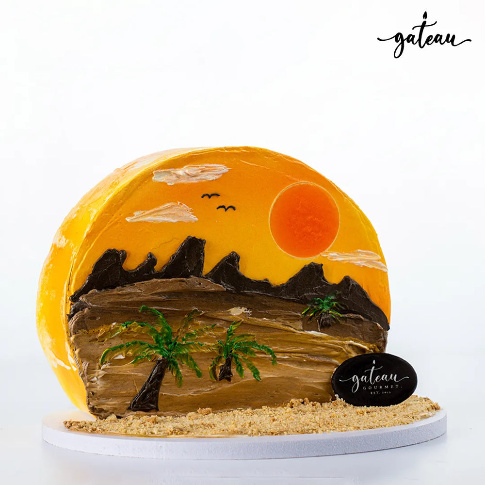 Gibbous Cake design by Gateau Gourmet Cafe featuring desert landscape with palm trees and orange sun