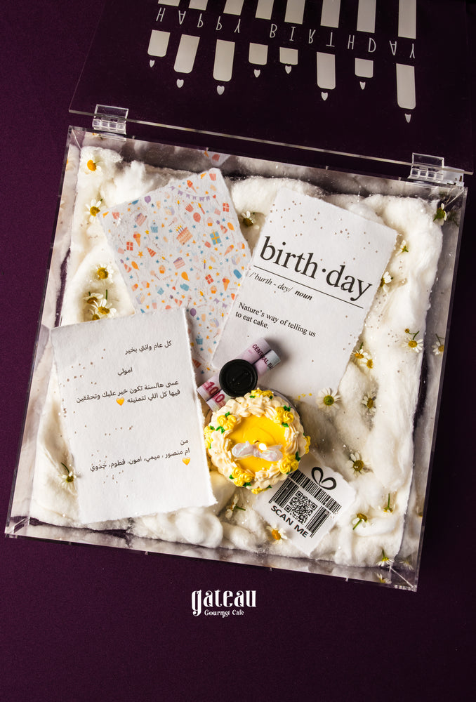 Gateau Gourmet Cafe gourmet birthday gifts with decorative cake and birthday cards in clear box