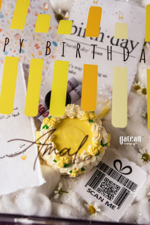 Gateau Gourmet Cafe gourmet birthday gifts featuring a decorated yellow cake with birthday text and a QR code