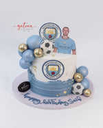 Manchester Theme Fondant Cake with Soccer Ball Decorations and Player Figurine for Birthday Celebrations