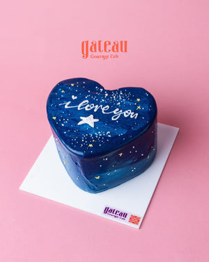 Gateau Gourmet Cafe heart shaped love cake with blue galaxy design and i love you text