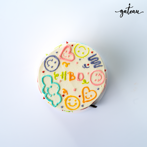 Hippie sticker cake with colorful frosting designs and cheerful decorations for celebrations