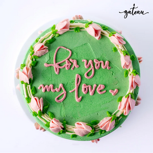 Green cake with pink flowers and for you my love message perfect for I Love You cake delivery