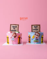 Kids Back to School Cake by Gateau Gourmet Cafe with colorful school-themed decorations on pink background