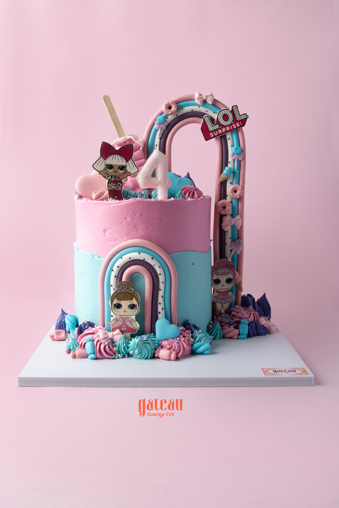 L.O.L. Surprise birthday cake featuring colorful decorations and playful figures for a fun celebration