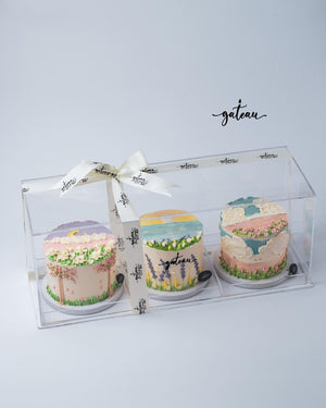 Midnight garden mini cake set from Gateau Gourmet Cafe featuring three decorated miniature cakes in clear gift box