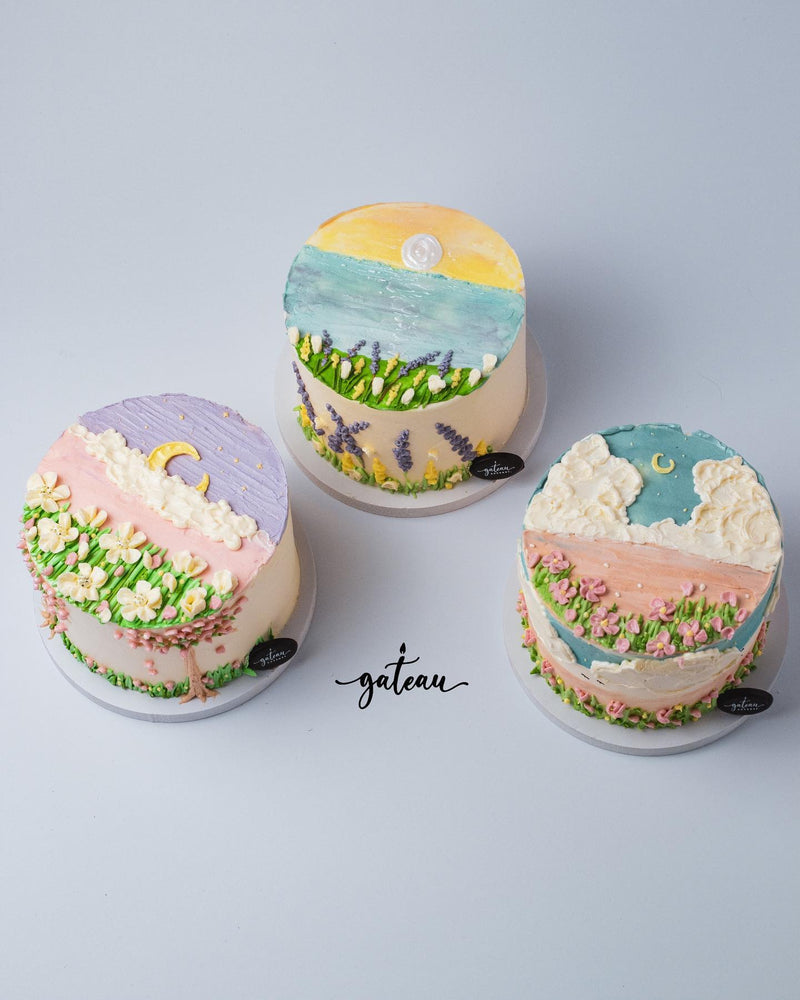 Gateau Gourmet Cafe midnight garden mini cake trio with floral and nature-inspired icing designs