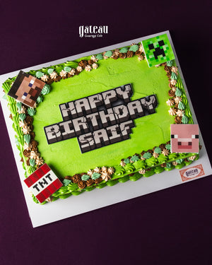 Minecraft Lovers Cake from Gateau Gourmet Cafe with playful design and Happy Birthday message
