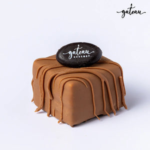 Gateau Gourmet Cafe mini brownies for parties with smooth milk chocolate glaze and decorative chocolate piece