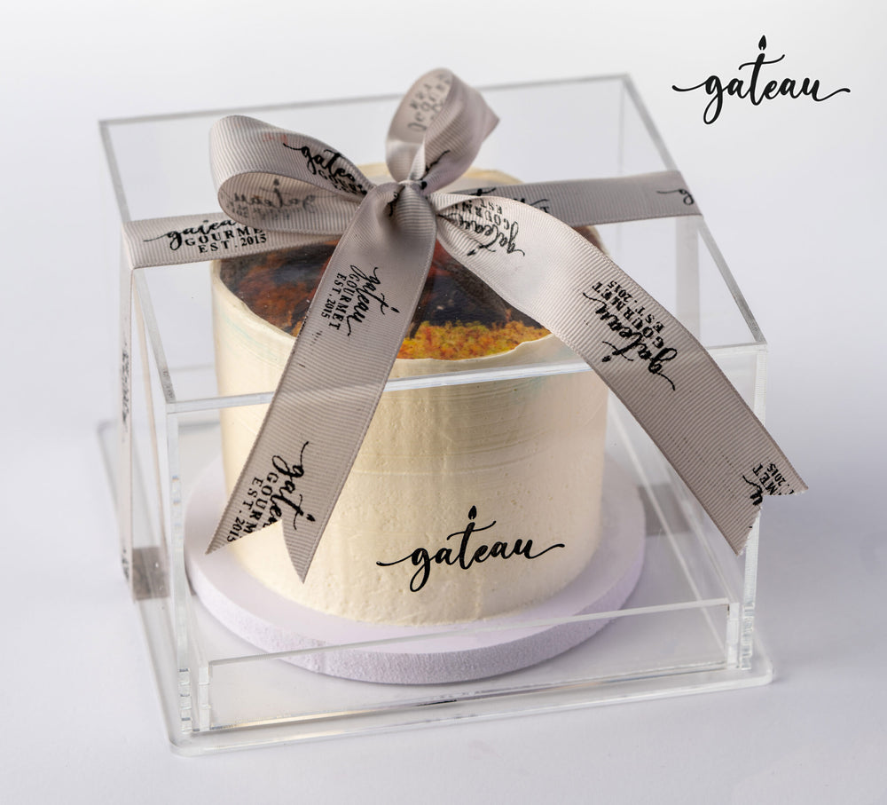 Minimalist photo cake by Gateau Gourmet Cafe in clear box with branded ribbon for elegant gift