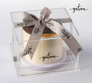 Minimalist photo cake by Gateau Gourmet Cafe in clear box with branded ribbon for elegant gift