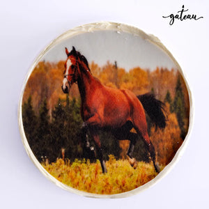 Minimalist photo cake by Gateau Gourmet Cafe featuring a horse running in autumn landscape