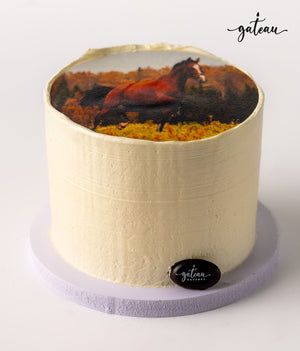 Minimalist photo cake by Gateau Gourmet Cafe featuring a horse image on top with smooth white frosting