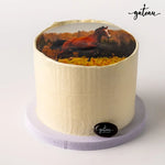 Gateau Gourmet Cafe minimalist photo cake with a horse image on top and smooth white frosting