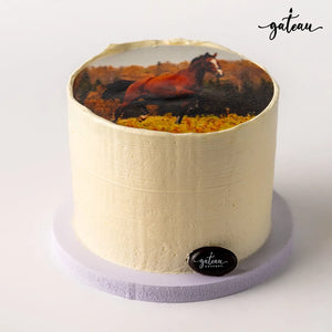 Gateau Gourmet Cafe minimalist photo cake with a horse image on top and smooth white frosting