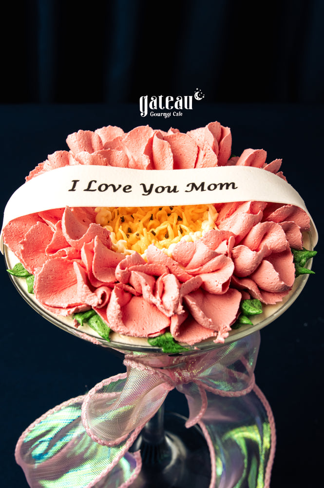 Mother's Day Goblet Cake from Gateau Gourmet Cafe decorated with pink frosting and I Love You Mom message