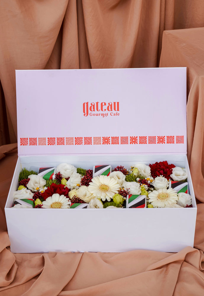 National Day flower box with chocolates from Gateau Gourmet Cafe featuring vibrant floral arrangements