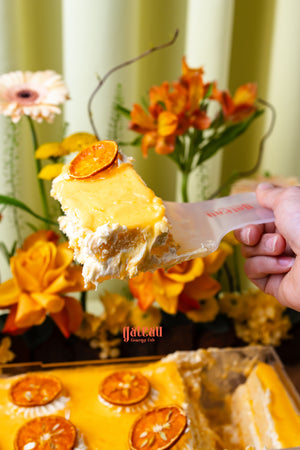 Slice of orange citrus celebration cake with dried orange garnish from Gateau Gourmet Cafe