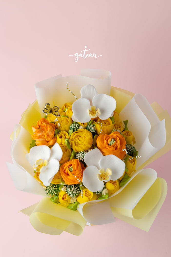 Orange & Yellow Flowers in Bloom Cake Bouquet from Gateau Gourmet Cafe, beautifully designed with edible blooms