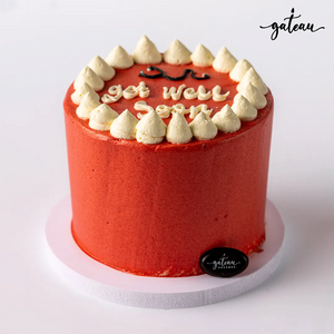 Red round get well cake with white cream decorations by Gateau Gourmet Cafe order get well cake online