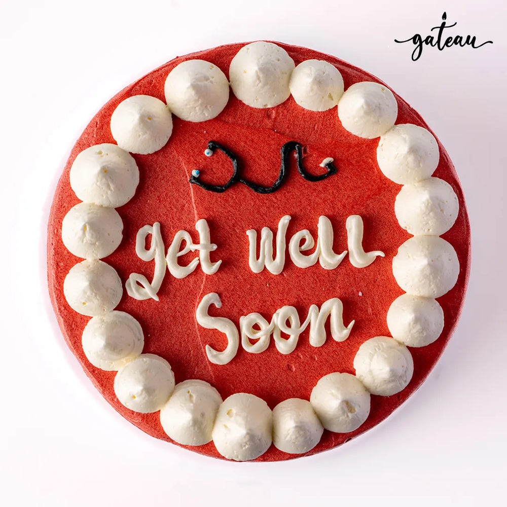 Red velvet get well soon cake with white frosting dollops from Gateau Gourmet Cafe order get well cake online