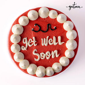 Red velvet get well soon cake with white frosting dollops from Gateau Gourmet Cafe order get well cake online
