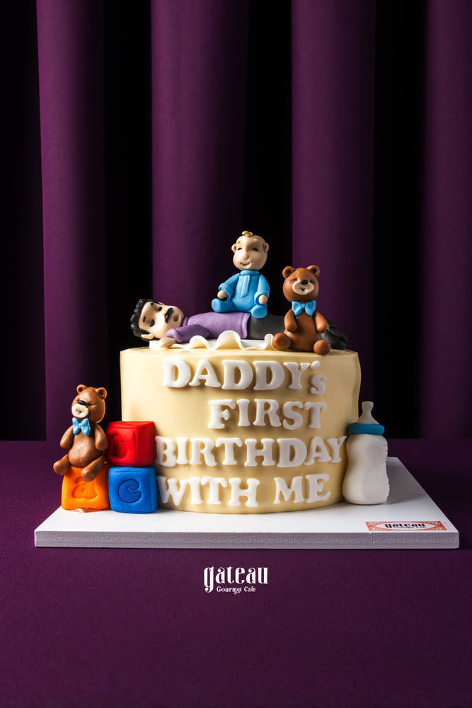 Personalized birthday cake delivery from Gateau Gourmet Cafe with teddy bears and baby-themed decorations