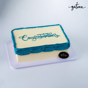 Gateau Gourmet Cafe cake with blue icing and congratulations text personalized corporate cake design