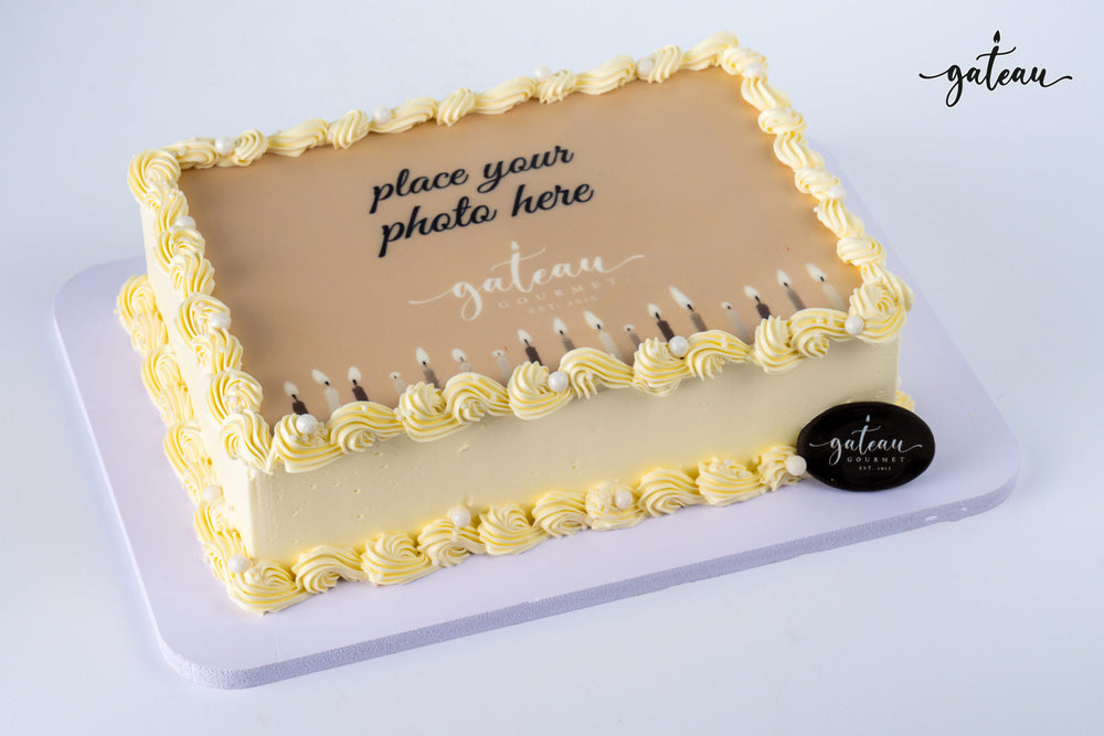 Gateau Gourmet Cafe personalized edible image cake with yellow frosting and customizable photo area