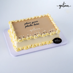 Gateau Gourmet Cafe personalized edible image cake with cream border and customizable photo area