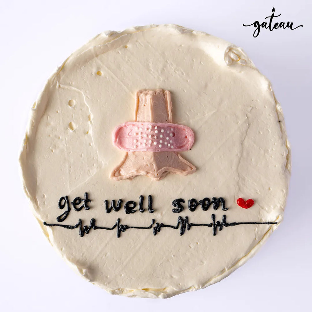 Gateau Gourmet Cafe personalized Get Well cake with bandaged finger design and get well soon message