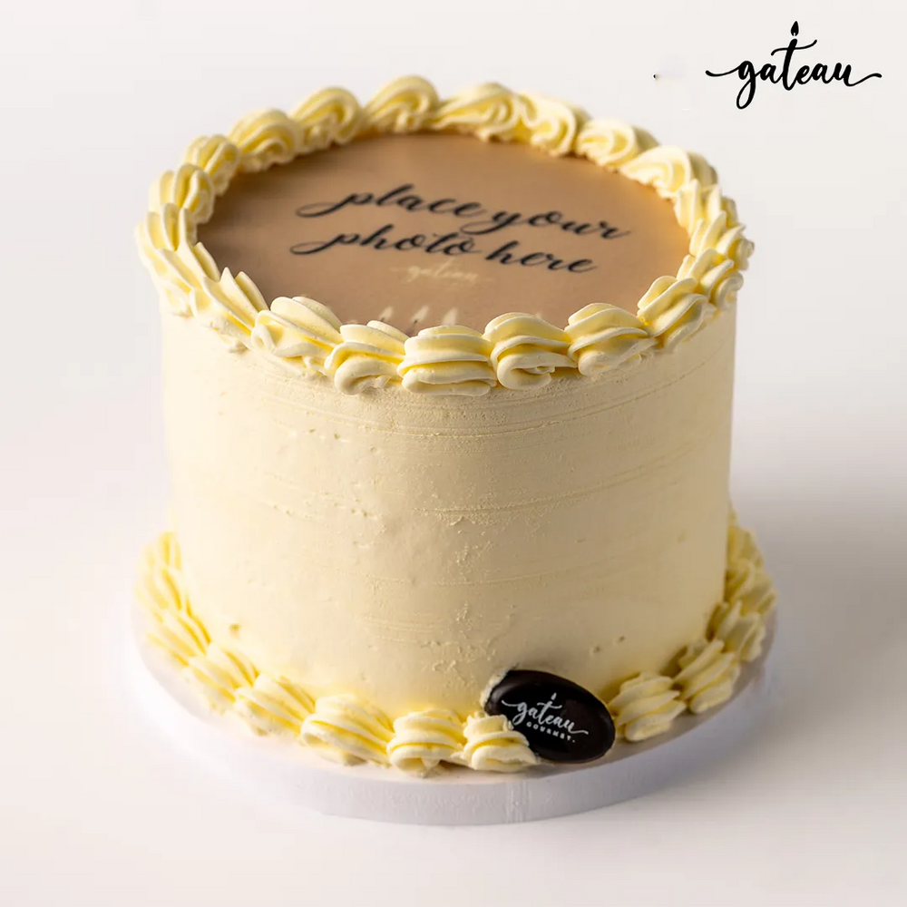 Gateau Gourmet Cafe photo cake with edible image customizable with white cream frosting and decorative border