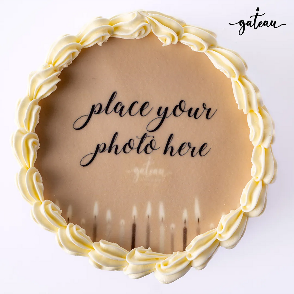 Gateau Gourmet Cafe photo cake with edible image featuring creamy frosting border and customizable center