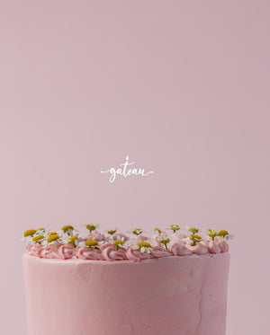 Pink custom mirror cake with delicate pink frosting and small white and yellow flowers on top from Gateau Gourmet Cafe