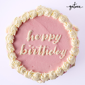 Pink white curtain birthday cakes with elegant frosting and happy birthday decoration on top