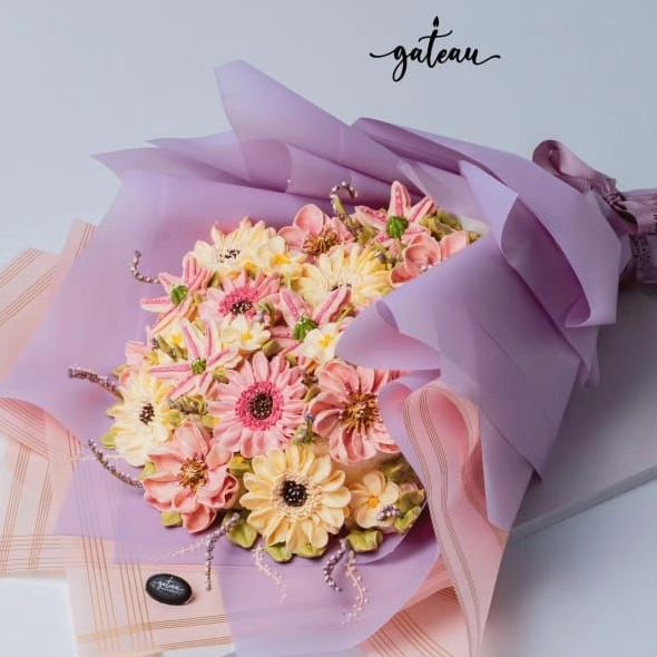 Pink & White Flowers in Bloom Cake Bouquet beautifully arranged with detailed frosting petals