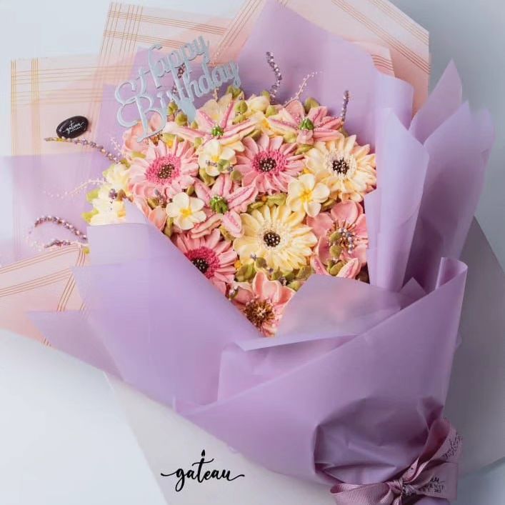 Pink & White Flowers in Bloom Cake Bouquet with Birthday Greeting and Decorative Wrapping