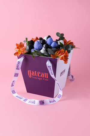 Purple Strawberries chocolate Bouquet in a stylish box with flowers and elegant ribbon from Gateau Gourmet Cafe