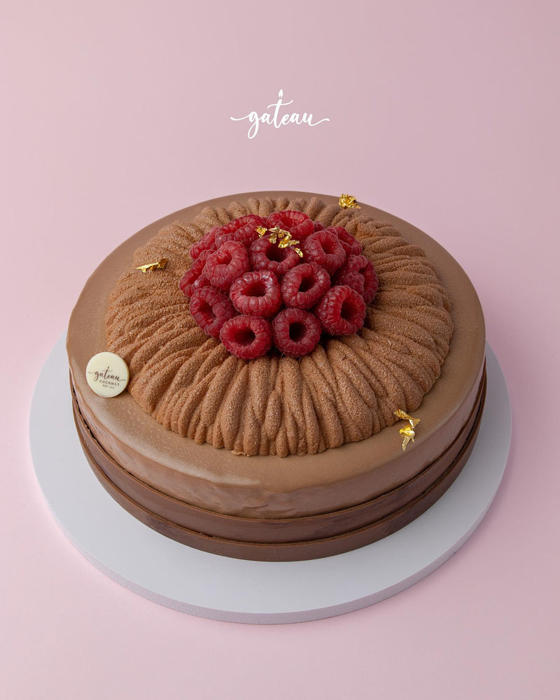 Raspberry chocolate roll cake featuring rich chocolate frosting and fresh raspberries on top