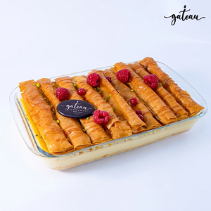 Gateau Gourmet Cafe Raspberry Crème Brûlée dessert tray with rolled pastry and fresh raspberries