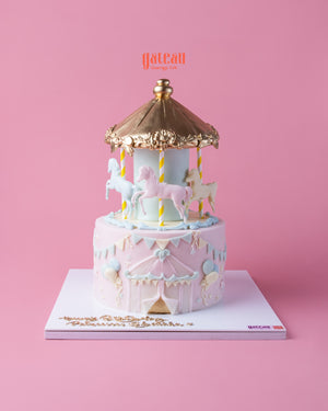 Elegant carousel cake with a shoes-cream-cake-design featuring unicorns and gold accents