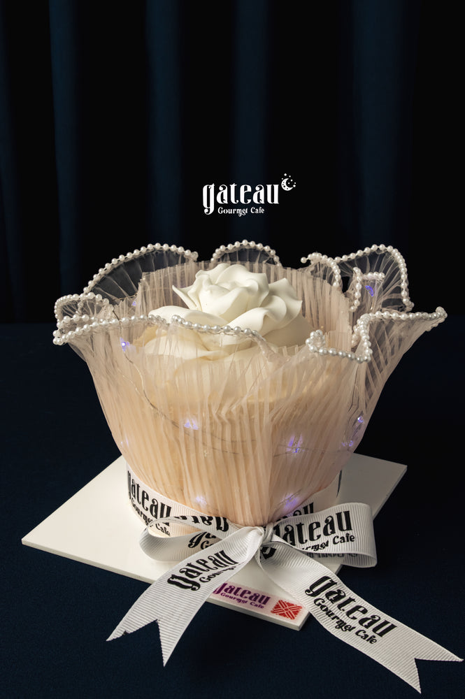 Gateau Gourmet Cafe single-rose-bouquet-Mother's Day cake with white rose and decorative pearl accents