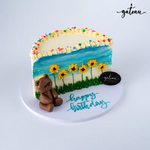 Sunflower Half Cake design with hand-painted sunflowers and a fondant bear from Gateau Gourmet Cafe